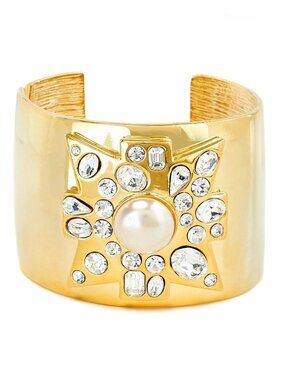 KENNETH JAY LANE-GOLD CUFF WITH CRYSTAL AND PEARL CENTER